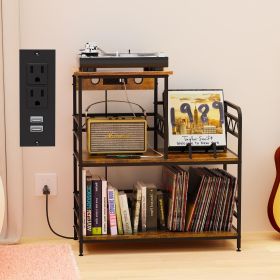 Record Player Stand, End Table with Charging Station, Vinyl Record Holder Up to 300 Albums, Turntable Stand for Vinyl Records