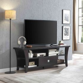 TV Stand Cabinet with curved legs one drawers on metal glides metal square handle modern design divided shelf two cubbies