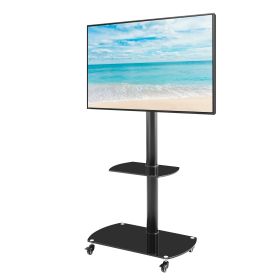 Adjustable Mobile TV Mounts Stand with Lockable Wheels, Tempered Glass Shelves, Fits 32-65" TVs