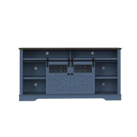 Farmhouse TV Stand with Sliding Barn Door & Drawer, 75" Rustic Entertainment Center for TVs up to 75", Buffet Storage Cabinet for Living Room (Color: Blue)